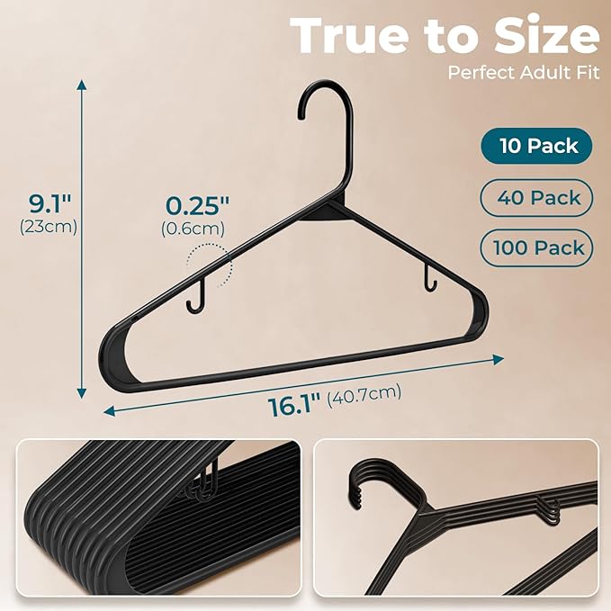 HOUSE DAY Black Plastic Hangers 10 Pack, Plastic Clothes Hangers with Built-in Hooks, Durable and Strong Coat Hanger for Closet, Space Saving Clothing Hanger for Shirts, Coats, Skirt, Dress