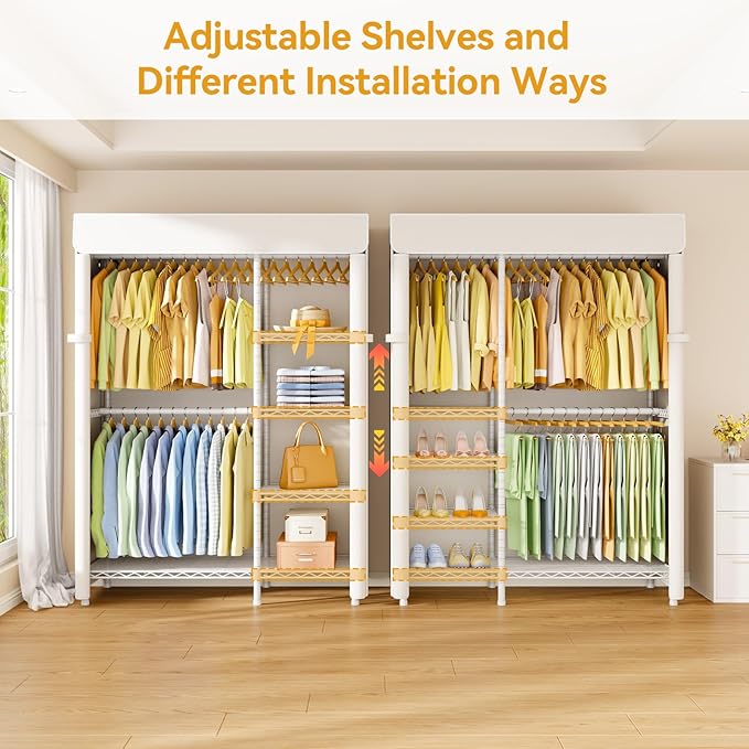 ULIFHOME F2C Clothes Rack with Cover, Clothing Racks for Hanging Clothes, Heavy Duty Garment Rack with Shelves and Hanger Rods, White Closet with Beige Cover, 47.2" W x 16.5" D x 78.3" H, Load 630lbs