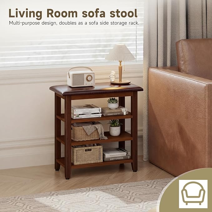 Shoe Bench with Leather Cushion,Wood Bench with Shoe Rack,3-Tier Shoe Storage Organizer for Entryway,Hallway,Living Room (3-Tier-23.6", Rubberwood)