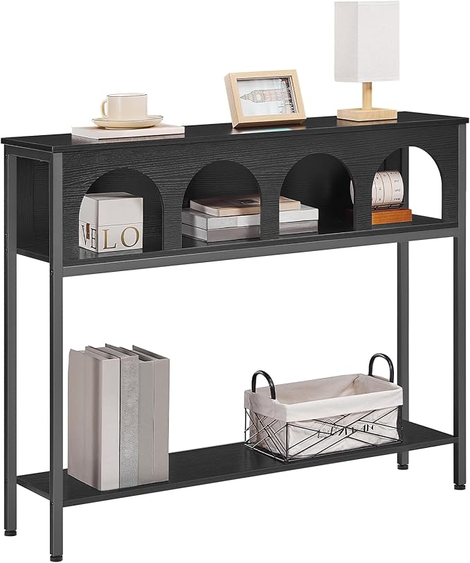 HOOBRO Modern Console Table, Entryway Table with 3-Tier Storage, Narrow Sofa Table Behind Couch with Arched Design for Living Room, Entrance, Hallway, Black BB106XG01