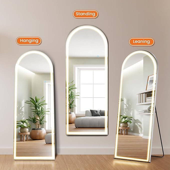 NEWBULIG 71"x26" Arched Full Length Mirror with Light, 3 Color Lighting Full Body Floor Mirror with Aluminum Alloy Thin Frame, Wall or Standing Mirror for Bedroom, Living Room, Dressing Room, White