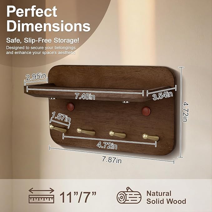 Key Holder Wall Mount, Solid Wood Key Holder for Wall with 4 Brass Hooks & Hidden Magnets, 15° Incline Hooks & Grooved Design to Prevent Slipping, Vintage Brown Key Hanger