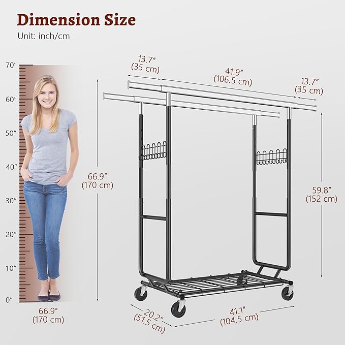 FAVOOSTY Heavy Duty Clothes Rack for Hanging Clothes Double Rods, Rolling & Extending Clothing Rack with Wheels, Garment Coat Rack Freestanding, Portable Clothes Rack, Black