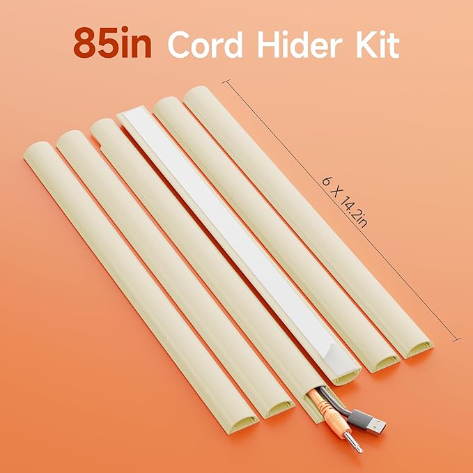 Delamu 85in Adhesive Cord Hider Wall, Mounted TV Cord Cover Kit, Multiple Cable Raceways for Wall Corner, Wire Cover Hiders for 1-2 Cables, 1.18" W X 0.43" H, Beige