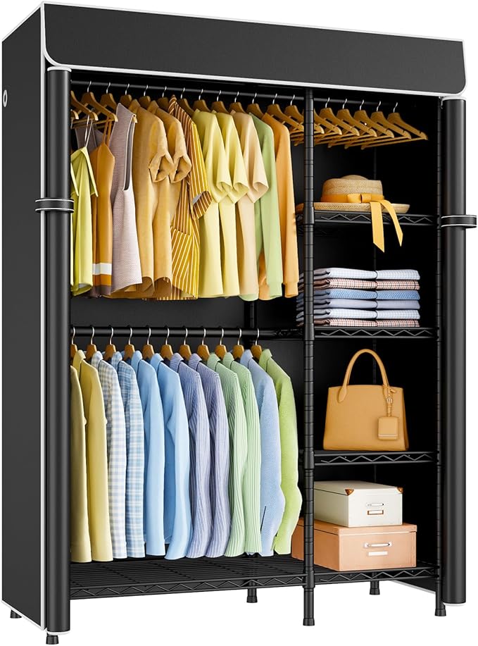 ULIFHOME F2C Clothes Rack with Cover, Clothing Racks for Hanging Clothes, Heavy Duty Garment Rack with Shelves and Hanger Rods, Black Closet with Black Cover, 47.2" W x 16.5" D x 78.3" H, Load 630lbs