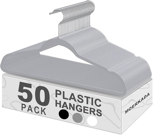 50 Pack Ultra-Thin Plastic Clothes Hangers (17.7 Inch) - Space-Saving Slim Hangers with Non-Slip Grooves for Wardrobe, Closet & Dorm Organization (Grey)