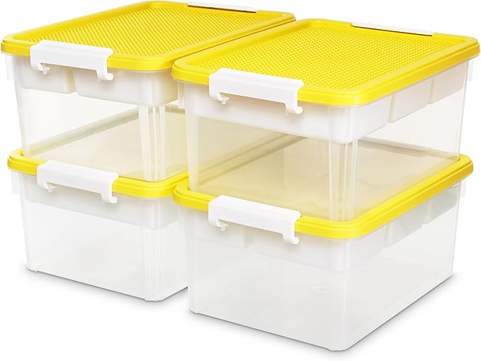 Citylife 17 QT Plastic Storage Box with Building Baseplate Lid and Removable Tray Craft Organizers and Storage Clear Storage Container for Organizing Bead, Tool, Sewing, Yellow-4 Packs