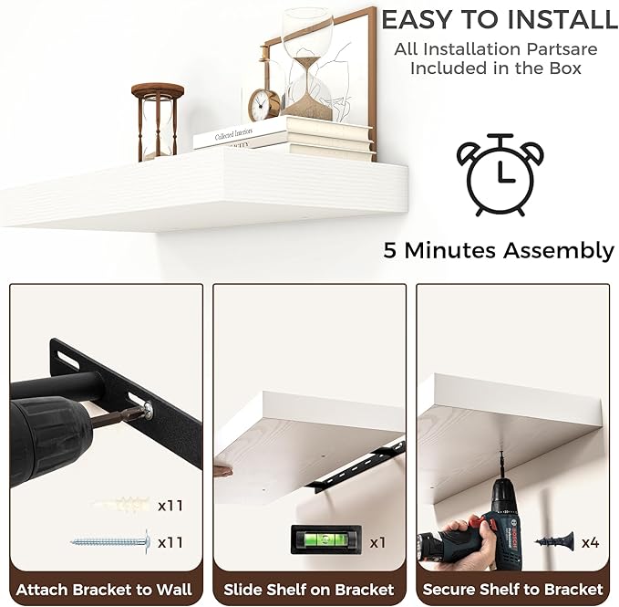 Venusmiles Floating Shelves for Wall, 55 Inch Floating Shelves Set of 1, 6.5" D Wooden Wall Mounted Display Shelves with Invisible Brackets for Living Room, Bedroom, Bathroom, Kitchen Decor, White