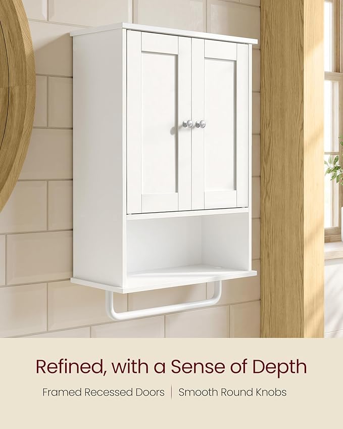 VASAGLE Siren Collection - Hanging Bathroom Cabinet with Towel Rod, Farmhouse Wall Storage Cabinet, with Adjustable Shelf, and Doors, 7.9 x 17.7 x 23.6 Inches, Cloud White UBBK148WB01S