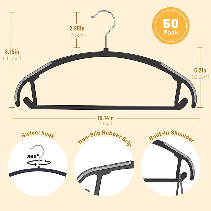 Arc Design No Shoulder Bump Plastic Hangers 50 Pack,Ultra Thin Non-Slip Hangers for Clothes,Heavy Duty Coats Hangers,360°Swivel Silver Hook,Space Saving Closet Organizer for Suit,Sweater,Jackets(Black