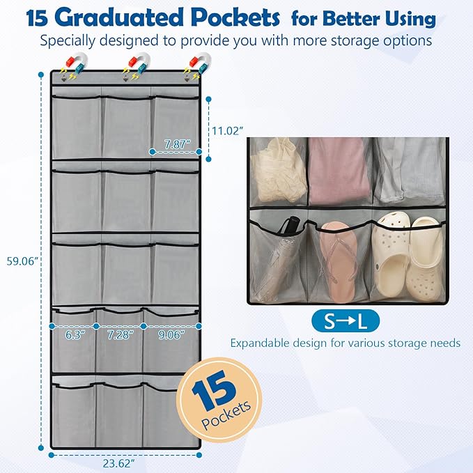 Over The Door Cruise Ship Organizer - Cruise Ship Magnetic Door Organizer with 15 Size-Graded Pockets, Hanging Magnetic Cruise Storage Shoe Rack for Cabin, 2026 Cruise Essential, 9 Hooks(Grey)