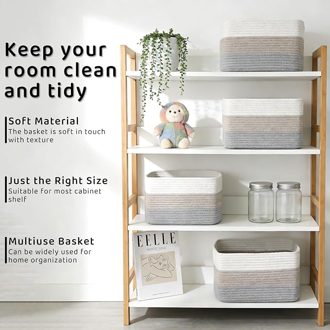 4 Pack Storage Baskets for Organizing, 12''Lx9''Wx8''H Woven Baskets for Storage Toys, Towels, Books, and Clothes, Cotton Rope Basket for Shelves with Handle White & Brown