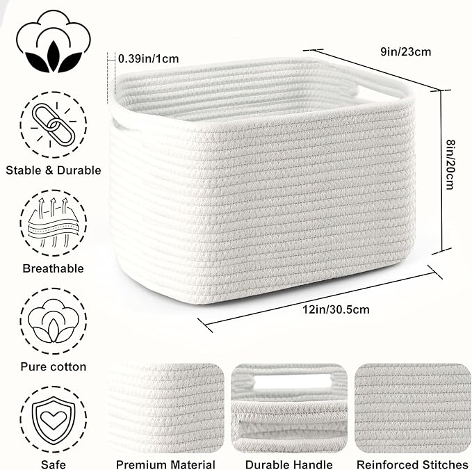 4 Pack Storage Baskets for Organizing, 12''Lx9''Wx8''H Woven Baskets for Storage Toys, Towels, Books, and Clothes, Cotton Rope Basket for Shelves with Handle White & Brown