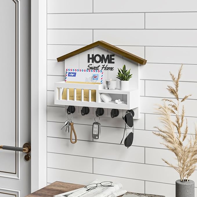 Key and Mail Holder for Wall, Wall Key Holder with Shelf, Key Rack Wall Mount, Wood Key Holder Wall Mount White, Mail Organizer Wall Mounted, Entryway & Front Door Key Holder with 5 Hooks