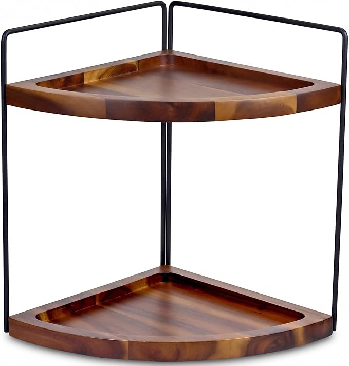 Demigo Bathroom Corner Counter Organizer 13.2x9.9 inch, 2 Tier Acacia Wood Organizer Countertop, Corner Storage Shelf Standing Rack, Cosmetic Vanity Tray Kitchen Spice Rack, Bathroom Storage Décor