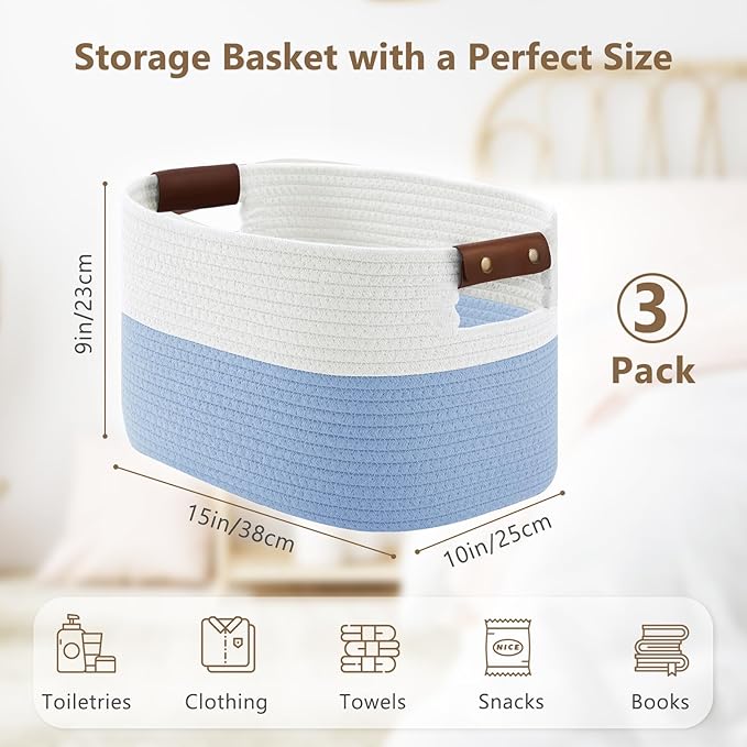 ECDYQXVU Cotton Rope Basket, Storage Baskets with Handle, 15x10x9 Inch Woven Basket for Shelves, Laundry, Towels, Clothes, Books (White/Blue 3Pack)