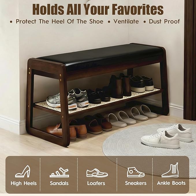Shoe Rack Bench 2 Tier 27.6'' Bamboo Entryway Bench with Cushion and Hidden Storage Hold up to 300 lb Shoe Organizer for Hallway, Closet, Front Door Entrance, Foyer , Living Room, Bedroom (Black)