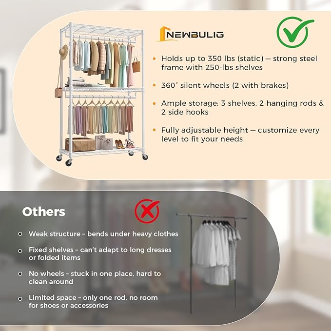 NEWBULIG Heavy Duty Adjustable Clothes Rack with Wheels, Adjustable Rolling Metal Freestanding Garment Closet Organizer with Double Rods & 2 Side Hooks for Hanging Clothes, 47"x17"x80", White