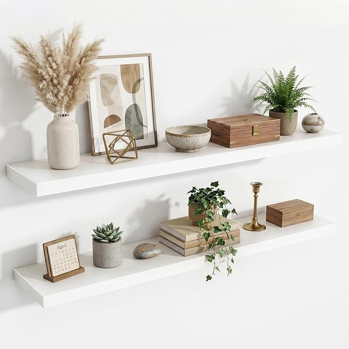 Floating Shelves for Wall,48 Inch Wall Mounted Rustic Wood Shelves,9.3" Deep Wall Shelf with Invisible Brackets,Large Deep Floating Shelf for Bathroom,Bedroom,Living Room,Book/Storage/Decor,White