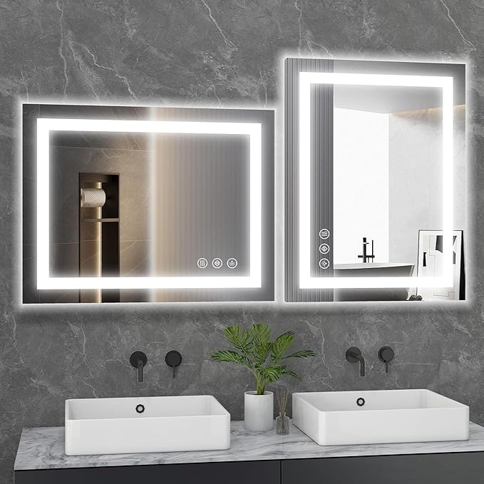 Sweetcrispy 28"x36" Smart Anti-Fog LED Bathroom Mirror with Lights and Front Light & Backlit, 3 Color Temperatures, Dimmable, Memory Function, Rectangle Modern Vanity Mirror