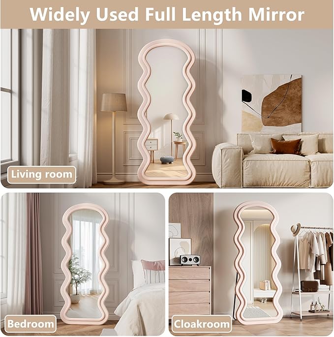 Wavy Full Length Mirror, 71"x32" Flannel Mirrors Full Length with Stand, Full Boby Mirrors for Bedroom, Living Room, Cloakroom, Hanging Leaning Wall Mirror, Pink