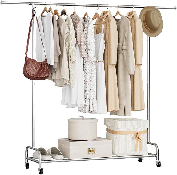 Clothing Rack Chrome, 47.05" to 65.94" Adjustable Rolling Clothing Rack, Standard Drying Garment Rack for Hanging Clothes, Metal Clothes Organizer with Wheels for Bedroom, Laundry Room, Silver