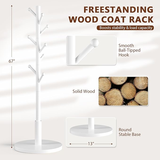 Coat Rack Freestanding Wooden Coat Tree Stand with 8 Round-tip Hooks, 3 Adjustable heights Coat Hat Rack for Entryway,Bedroom,Hallway,Office (White)