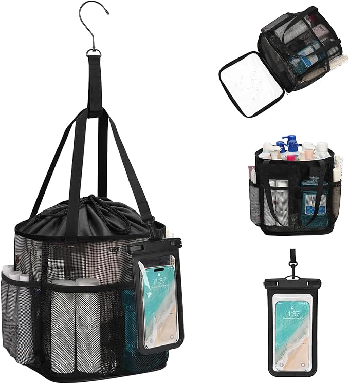 Mesh Shower Caddy Portable for College Dorm Room Essentials, Hanging Shower Caddy with Waterproof Phone Pouch, Large Capacity Shower Bag Basket Tote for Bathroom, Gym, Camping, Swimming, Beach, Black