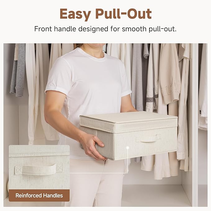 StorageWorks Storage Bins with Lid, Decorative Fabric Storage Bins with Handles, Stackable Closet Organizers for Shelves and Bedroom, Small, Beige(Natural Fabric), 2-Pack