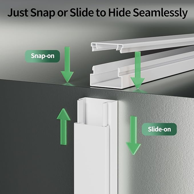 Cord Hider, 283.5in Cord Covers for 1-2 Wires on Wall, Paintable Wire Hider Wire Covers for Cords on Walls, Easy Set-up Cable Hider Cable Raceway to Hide Wires along Wall, W0.59 H0.4in, White