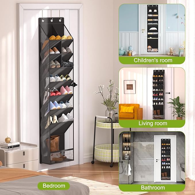 Over the Door Shoe Organizer, Hanging Shoe Rack for Closet with 16-20 Pairs Capacity, Foldable Storage for Shoes, Boots, Sneakers, for Dorm Room, Apartment, Small Spaces（Black