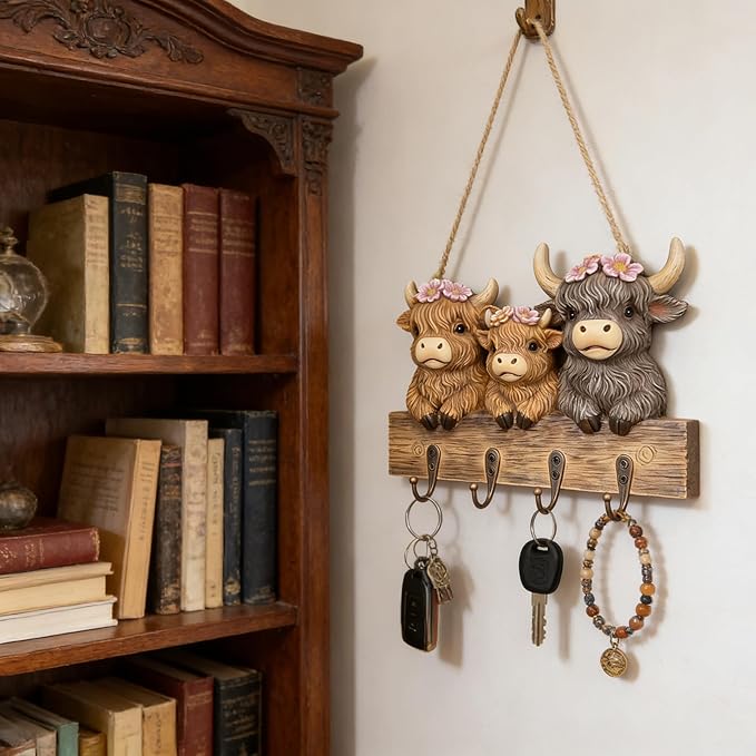 3D Highland Cow Key Holder Wall Mount, Rustic Farmhouse Key Hooks with 4 Metal Hooks, Decorative Resin Highland Cow Figurine Hanging Organizer Home Decor for Entryway Office Hallway and Living Room
