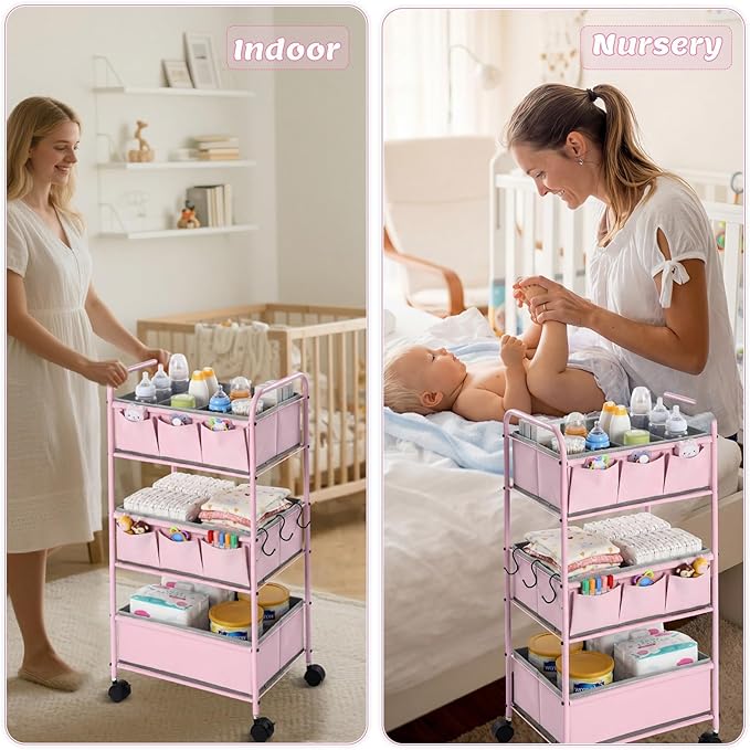 WILLBOND 3 Tier Pink Baby Diaper Caddy Organizer Cart with 4+3 Dividers Large Capacity Metal Utility Bedside Rolling Cart Newborn Registry Nursery Essential Must Have Crib Bedroom Baby Shower