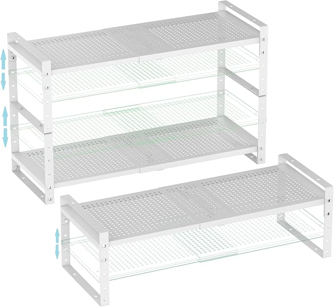 Expandable Shoe Rack Stackable Metal Pantry Storage Shelves Stand Adjustable Height Cabinet Shelf Organizer Racks Spice Shelving(3PACKS/WHITE,LARGE)