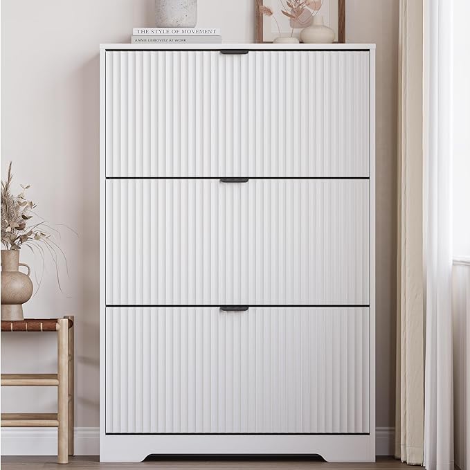 BORNOON Entryway Shoe Cabinet with 3 Flip Drawers, Narrow Shoe Organizer Cabinet with Fluted Panel and Adjustable Shelves for Foyer, Hallway