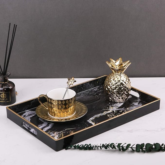 Decorative Tray, Marbling Plastic Tray with Handles, Rectangular Vanity Tray and Serving Tray for Bathroom, Kitchen, Ottoman and Coffee Table, 15.6” x 10.2”, Black