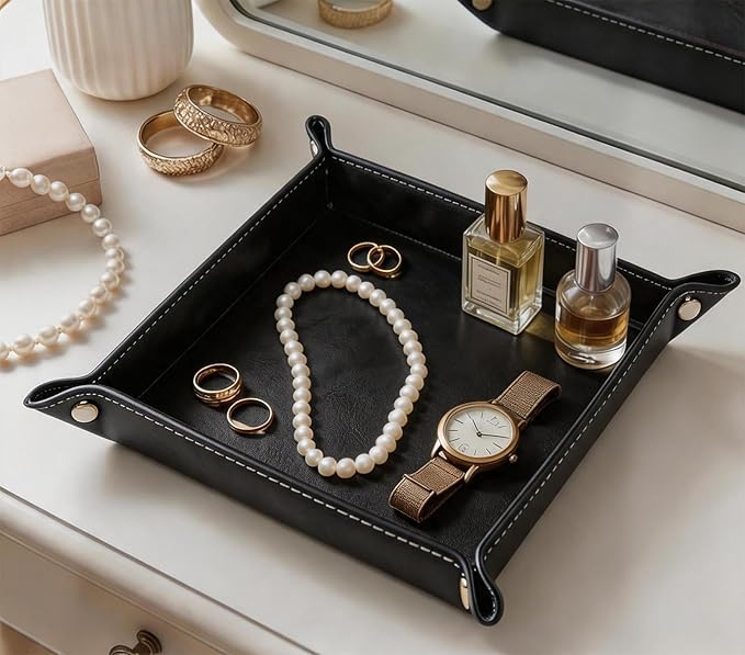 Valet Tray Desktop Storage Organizer – Vegan Leather Catchall Tray Bedside Vanity Tray Nightstand Caddy Holder for Remote Controller, Watch, Keys, Phone, Wallet, Coin, Jewelry, Black