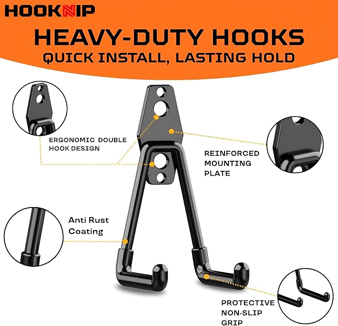 Pack 13 Garage Hooks Heavy Duty | Multi-Sized Wall-Mounted Tool Hangers with Anti-Rust PVC Coating | Heavy Duty Wall Hooks for Bikes, Ladders, Garden Tools, and More with Garage Wall Organizer