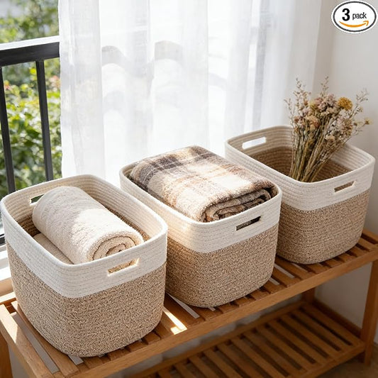 3 Pack Woven Rope Storage Baskets for Shelves,13.5"×11"×9.5" Storage Bins with Handles,Empty Gift Baskets,Nursery Organizer for Toys,Towels,Books,Closet,Living Room,Bedroom (White & Brown)