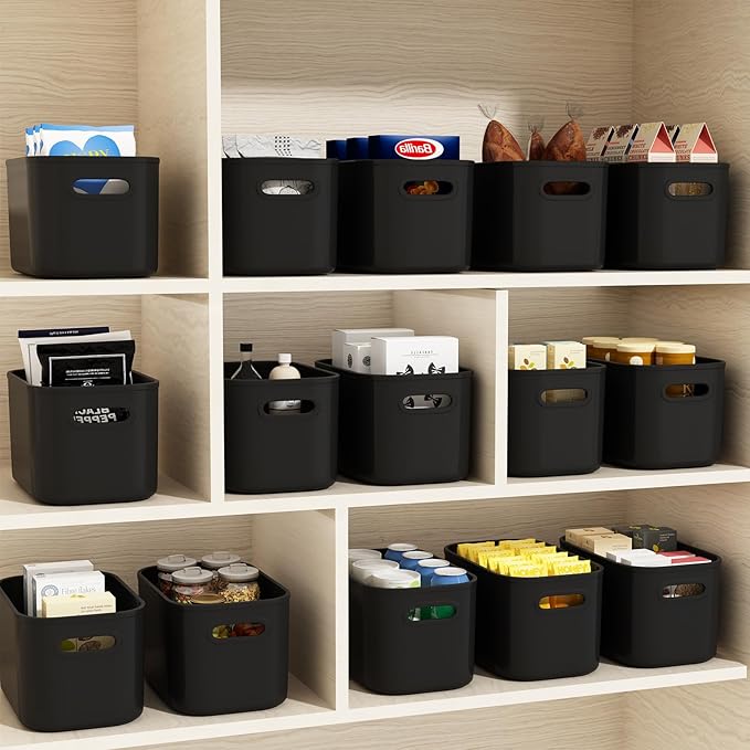 ORGIDOL 10 Pack Black Plastic Storage Bins, Storage Container for Organizing, Storage Boxes with Handle for Shelves, Cute Organizer Bins for Craft, Snacks, Pantry, Cabinet, 9.69x6.7x5.7 inch