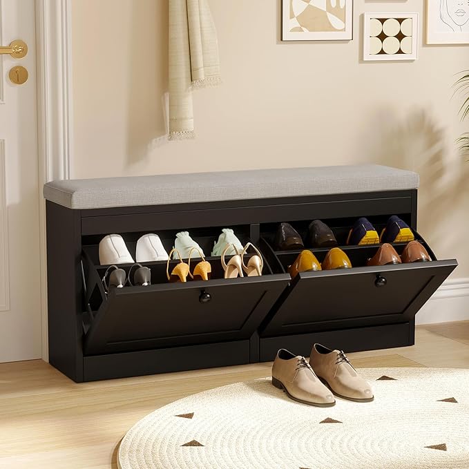 VOWNER Shoe Bench with 2 Flip Drawers, Shoe Organizer Storage Bench with Adjustable Shelves for Entryway, Hallway, Living Room (Black)