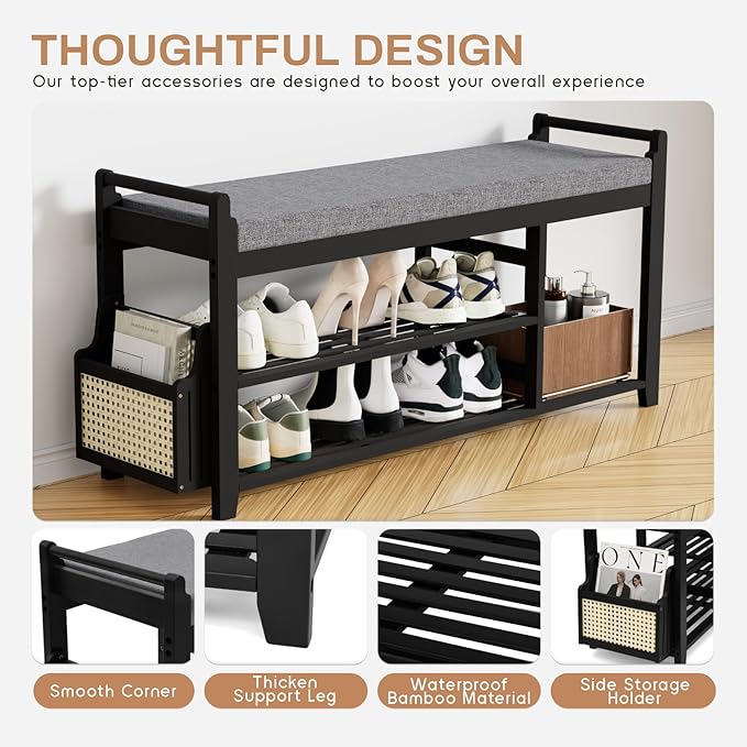 Homaxy 2-Tier Shoe Rack Bench with Side Holder, 39.4 in Bamboo Entryway Bench, Shoe Rack Organizer with Cushion for Front Entrance, Hallway Living Room Bedroom, Black and Dark Grey