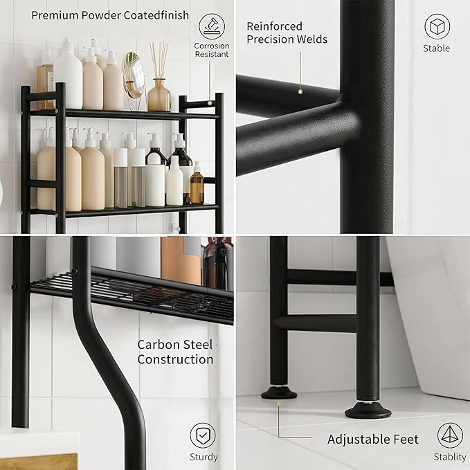GloTika 3-Tier Over Toilet Storage with Anti-Tilt Safety System - 150lb Total Capacity Metal Bathroom Shelves Including Paper Holder & 4 Hooks, Space Saving Above Commode Organizer (64" H, Black)