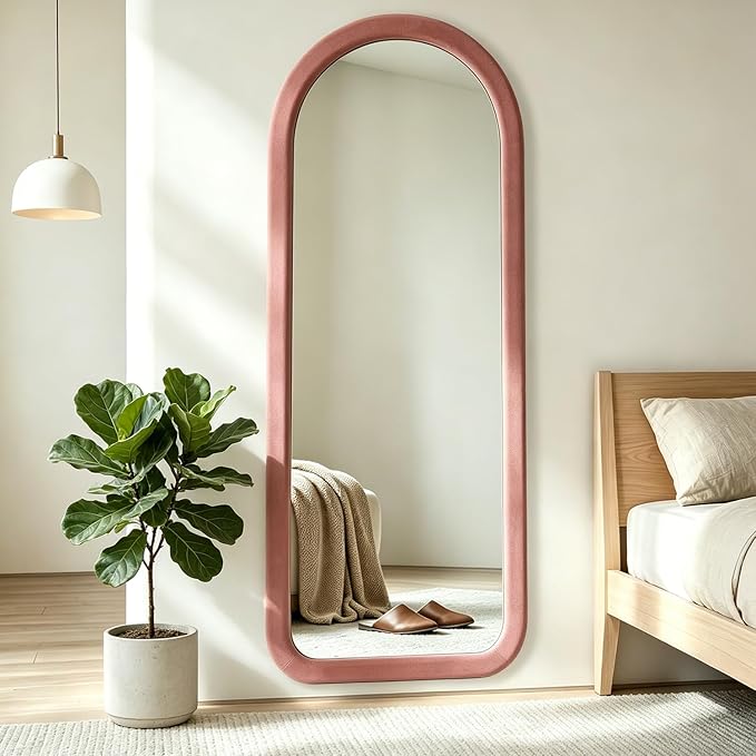 Full Length Mirror 56"x20" Arch Floor Mirror with Stand Arched Full Body Mirror Standing Hanging or Leaning Against Wall for Bedroom Flannel Wrapped Wooden Frame, Light Pink