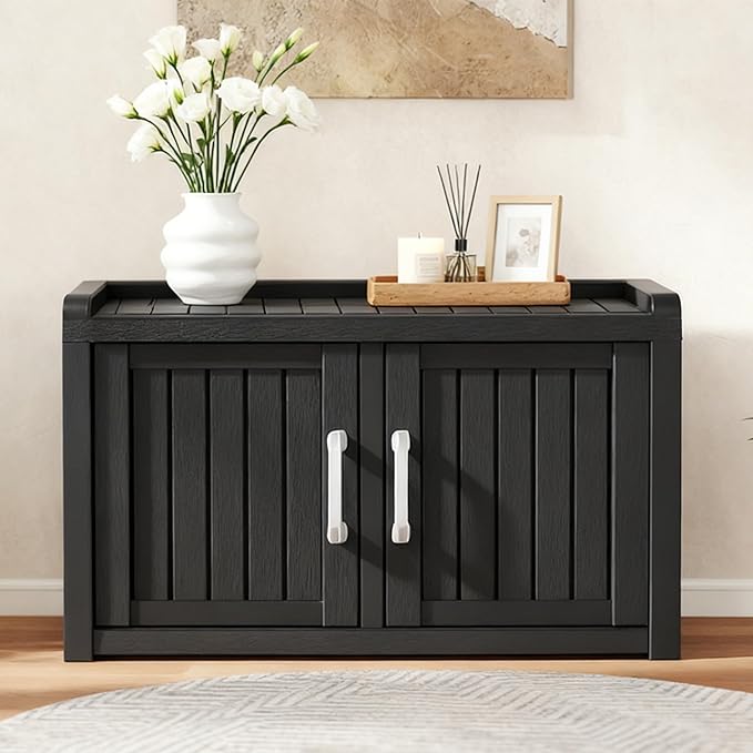 KAMABOKO Outdoor Shoe Storage Cabinet, Waterproof UV-Resistant Entryway Storage Bench Indoor Outdoor with 2 Barn Doors, Adjustable Shelves for Entryway, Bedroom, Hallway,Living Room(Jet Black)