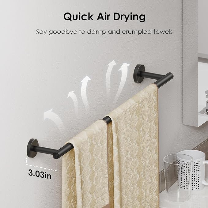 FORIOUS Towel Bar for Bathroom Wall Mounted, 304 Stainless Steel Towel Racks Includes Wall Mounting Hardware, Suitable for Bathroom, RV (Matte Black, 9 Inch)