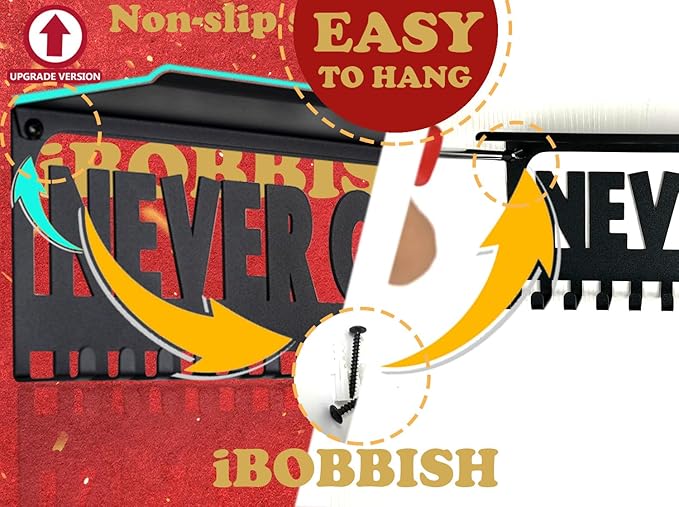 iBobbish Metal Medal Hanger Display,Non-Slip Trophy Shelf with 20 Hooks,Wall Mount,Heavy Duty,Non-Bent,Holds 22-33lbs,for Gymnastics,Race,Soccer,Swim
