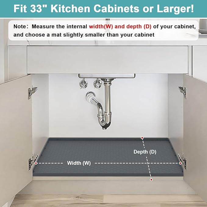 Under Sink Mats for Kitchen Waterproof 31" x 22", Silicone Under Kitchen Sink Mats and Protectors, Under The Sink Organizer for Kitchen and Bathroom Gray