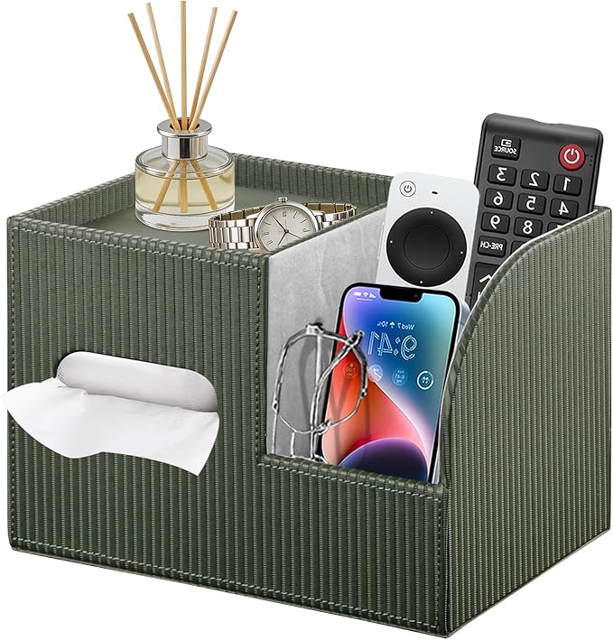 Modern PU Leather Cube Tissue Box Cover with Storage Tray, Multifunctional Remote Control Holder & Facial Tissue Dispenser Organizer for Nightstand, Bathroom, Bedroom, Office & Home Decor