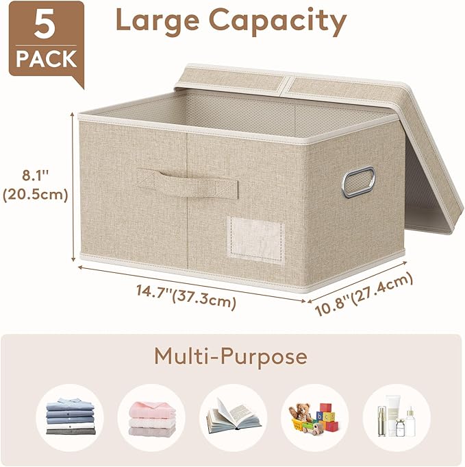 Lifewit Clothes Storage Bins with Lids, Fabric Foldable Storage Boxes with Handles, Decorative Closet Organizer, Stackable Cube Baskets Container for Bedroom, Office, 21L Medium Beige, 5 Packs